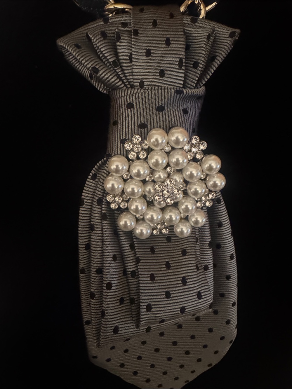 Elegant Black Polka Dot Ribbon Necklace with Pearl & Crystal Brooch
